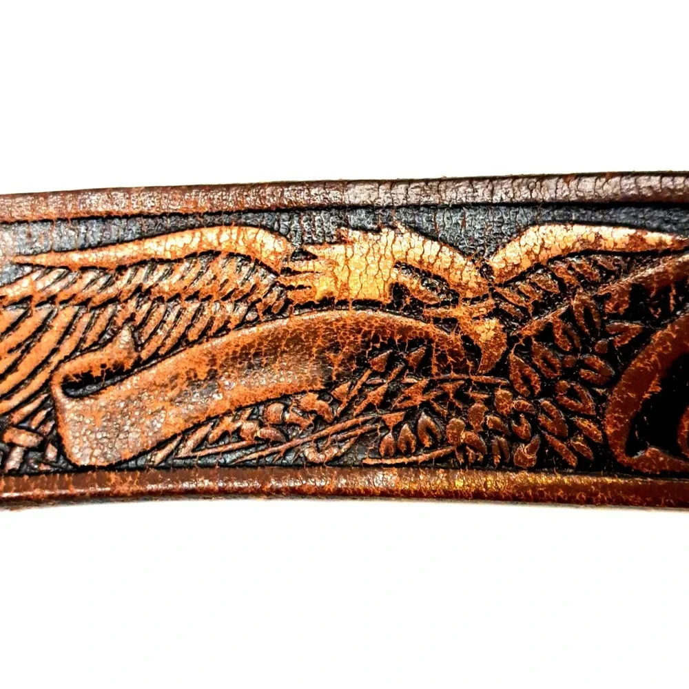 Vintage Tooled Leather Belt Bald Eagle KM627 Men's XL Patriotic‎ USA Biker Brown